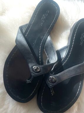 Coach Black Leather Toe-Post Sandals with Silver Hardware